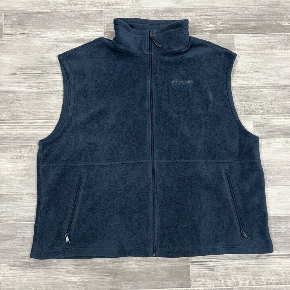 Columbia Men's Tall Size 2XT Fleece Vest Dark Blue Polyester Zip Pockets Outdoor